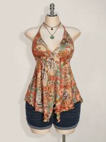 SHEIN ICON 大码女式春夏外出度假休闲复古印花露背吊带衫 Y2K V 领西部女式波西米亚风海滩女式嬉皮娃娃上衣