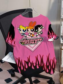 THE POWERPUFF GIRLS X SHEIN Plus Size Blossom, Bubbles, Buttercup Pattern Round Neck Short Sleeve T-Shirt