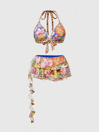 ROMWE Avant Tropical Y2K Leopard Floral Babe Print Triangle Bikini Top & Mini Low Waist Women 2pcs Swimsuit Set