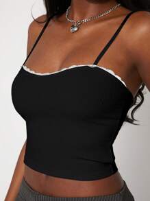 NYA SZN 春季蕾丝边罗纹吊带背心节日夏季上衣度假办公室 Siren 学院风休闲装女士 - 黑色 - 查看 3