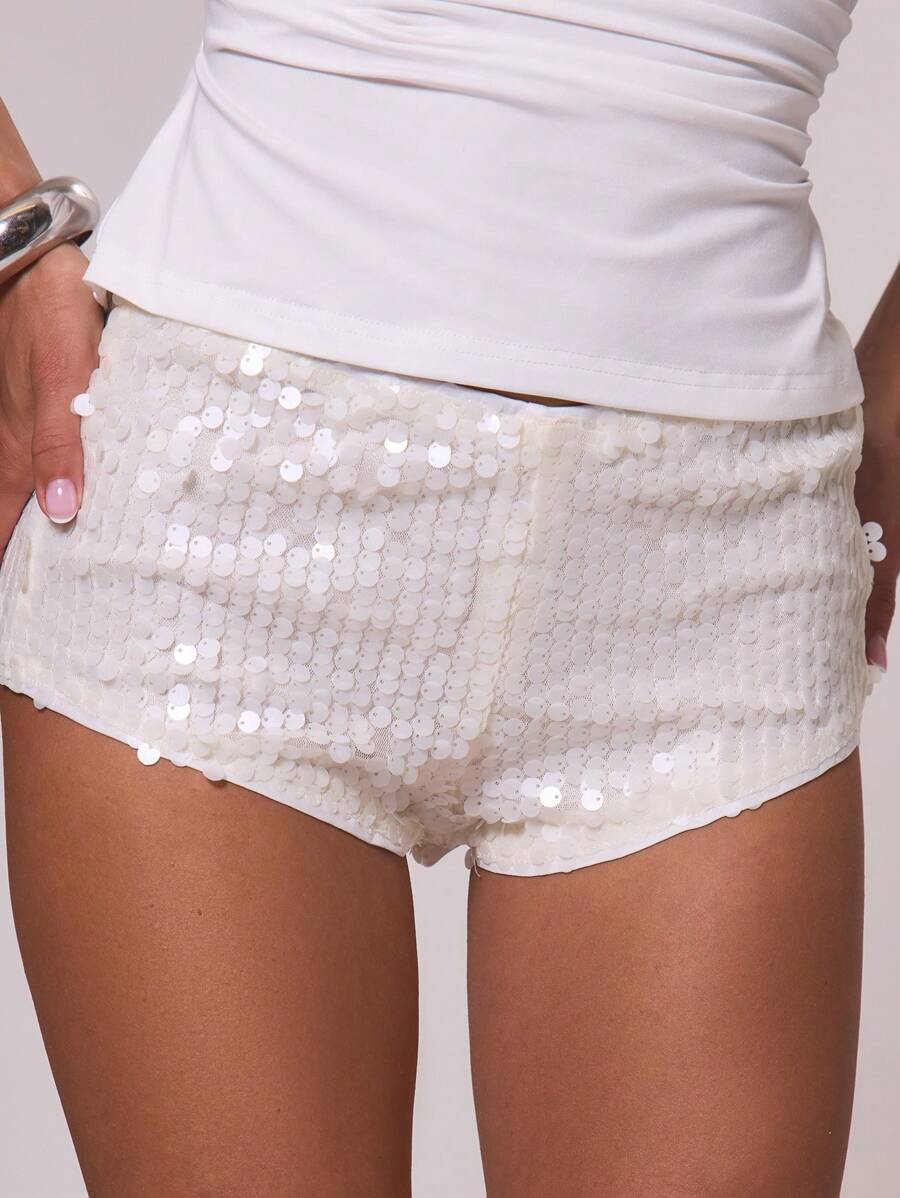 MUSERA Quần short ngắn ôm sát cạp thấp đính sequin, thích hợp cho kỳ nghỉ hè ở Ibiza, đi biển, mùa thu, mùa xuân, lễ hội, lễ Phục sinh, phong cách thường ngày. - trắng - Xem 1
