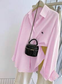 Women's Striped Star Printed Front Button Casual Long Sleeve Shirt