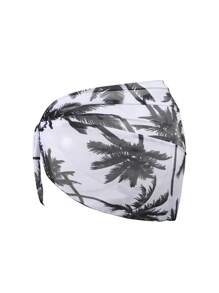Sweetra 2pcs/Set Summer Mesh Floral Print Beach Vacation Sun Block Cover Up Skirt Set