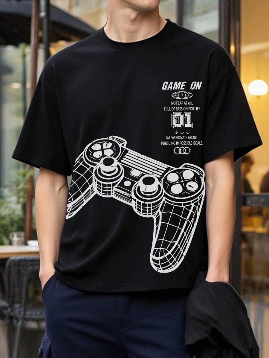 Teen Boy Casual Video Game Graphic Round Neck Short Sleeve T-Shirt, Suitable For Summer - Black - View 1