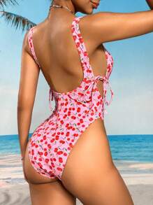 Swim Mod Traje de baño de una pieza con estampado de cerezas y espalda descubierta para mujeres - Multicolor - Ver 2
