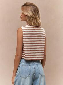 MISSGUIDED Chaleco sin mangas con botones y rayas, de punto grueso, para verano y otoño, estilo casual - Café integral - Ver 2