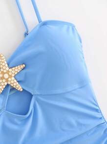 Swim Oasis 女士夏季海滩度假镂空海星装饰褶饰收腹连体泳衣，搭配系腰超长裙 - 藍色 - 查看 7