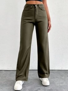 EURMUSE Ladies' Solid Color Straight Leg Denim Pants - Khaki - View 1