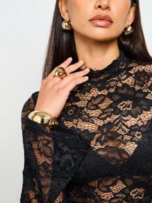 AiiRZ Vestido mini de encaje transparente de manga larga con cinturón, atuendo elegante para ocasiones especiales en invierno y otoño, para fiestas, clubes y vacaciones - Negro - Ver 6