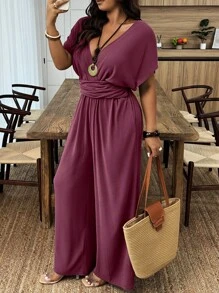 SHEIN Clasi Bộ đồ liền thân tay ngắn cánh dơi cổ chữ V sâu dành cho nữ cỡ lớn đi nghỉ mát gợi cảm - Màu đỏ tím - Xem 5