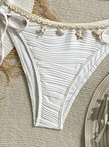 Swim Vcay 2 件套女士海滩夏季服装：纹理纯色贝壳系带无肩带比基尼套装