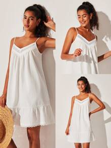 LUVLETTE Camisón de mujer blanco con bordado floral, ribete de encaje, transpirable de algodón - Pijamas, vestido ligero y sexy, ropa interior que puede usarse como ropa exterior, atuendo casual y cómodo de moda
