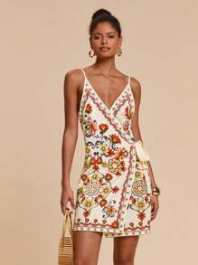 Travachic 度假风黑鹦鹉、棕榈树和樱花花卉印花裹身式蝴蝶结波西米亚连衣裙 - 彩色 - 查看 1