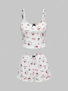 ROMWE Kawaii Süßer Schlafanzug für Frauen mit Schleifenprint von Hasen, lässig und bequem für den Sommer