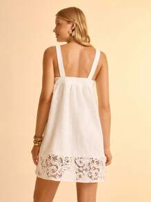CAJUNI Women's Lace Embroidered Sleeveless Long Blouse, Vacation Wear - White - View 2