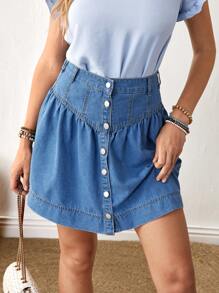 SHEIN LUNE Women's Casual Button Up Denim Mini Skirt - Medium Wash - View 7