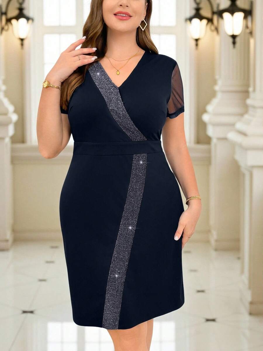 SHEIN Clasi 大码夏季女式拼接亮片针织优雅派对连衣裙