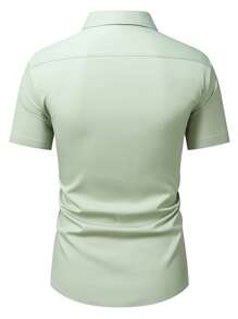 Manfinity Mode 全印花男士夏季休闲纽扣前口袋短袖衬衫男士短袖正装衬衫绿色男士正装衬衫商务休闲上衣男士 - 綠色 - 查看 2