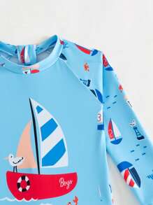 Baby Boys Swimwear, Casual Digital Boat Printed Polyester Swimsuit, Suitable For Summer, Beach, Swimming, Fashionable And Cool - Blue - View 5