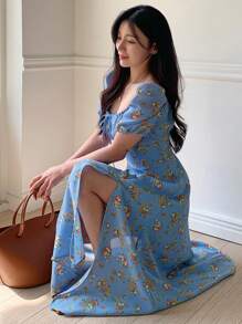 DAZY Women's Square Neck Waist Cinched Short Sleeve Split Midi Dress