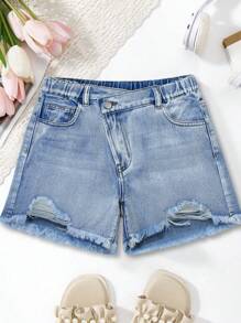 Pantalones cortos de mezclilla casuales, holgados y desgastados para niñas