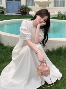 DAZY 女士宫廷风宽松圆领长裙，春夏 - 白色 - 查看 1