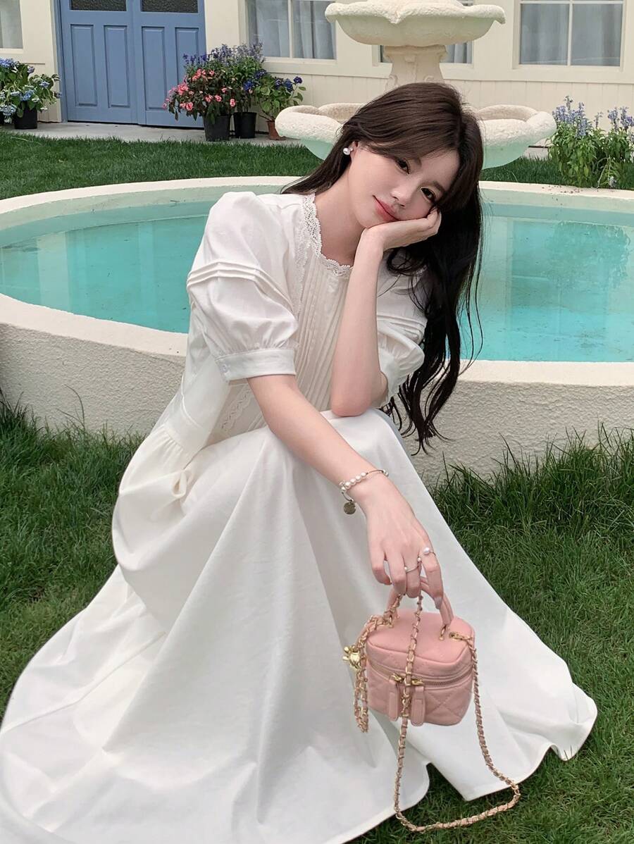 DAZY 女士宫廷风宽松圆领长裙，春夏 - 白色 - 查看 1