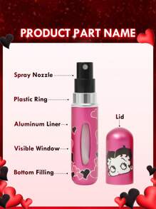 Betty Boop x SHEIN Botella de rociado recargable de 5ml con diseño de personaje de dibujos animados y patrón de corazón, regalos