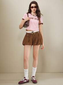 Muvela تنورة قصيرة مع جيوب للنساء، بني، فضفاضة، كاجوال، بنمط زهري منتفخ، تنانير قصيرة عصرية للموسم الدافئ - بني - مشاهدة 1