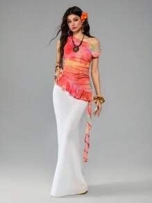 ROMWE Avant Áo cánh hở eo họa tiết bướm và hoa nhuộm loang Dopamine dành cho kỳ nghỉ hè của phụ nữ - Nhiều màu - Xem 1