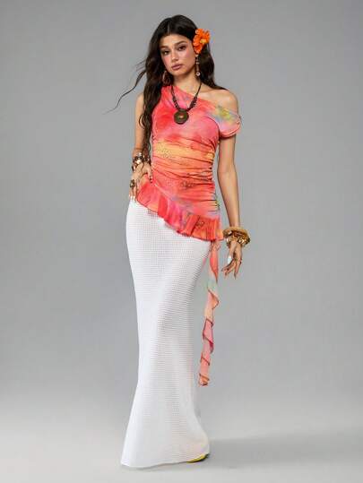 ROMWE Avant بلوزة من الشبك ذات الخصر الضيق والطبعة الطية والفراشة والزهور لإطلالة صيفية عطلة المرأة