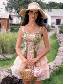 SHEIN 1pc Women Lace Patchwork Graphic Print Body Shaper Top - Multicolor - View 1