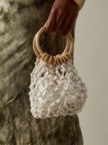 MISSGUIDED Bolso de mano de macramé estilo boho de ganchillo, bolso de playa tejido a mano con asa de madera, bolso de tote de verano ligero y retro
