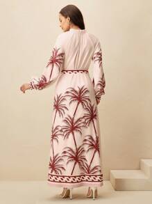 Anewsta Ladies' Spring/Summer Vacation Bohemian Beach Fashion Music Festival Positioning Printed Long Sleeve Dress - Tropical Pink - View 2