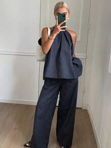 DAZY Women 2 Pieces Set: Sleeveless Striped Halter Tank Top And Wide Leg Floor Length Pants, Casual Summer Outfit - Navy Blue - View 5