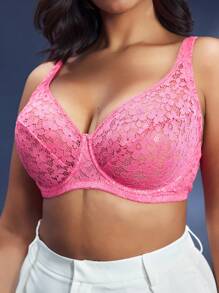 SHEIN Curve Full-Cup Lace Floral Underwired Bra, Magenta, Plus Size - Pink - View 4