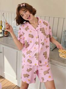 2 Peças Conjunto de Roupas Casuais de Manga Curta e Shorts com Estampa de Capivara Cartoon para Meninas Pré-Adolescentes, Moda de Volta às Aulas - Multicolorido - Visão 1