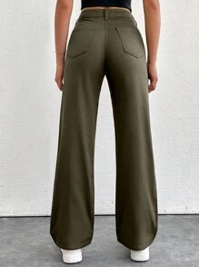 EURMUSE Ladies' Solid Color Straight Leg Denim Pants - Khaki - View 2