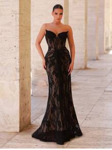 Glamrae Đầm maxi đuôi cá xếp ly, sang trọng, co giãn, chất liệu ren, xuyên thấu, hở lưng, phù hợp cho đám cưới, tiệc độc thân, kỳ nghỉ, dạ hội, sự kiện trang trọng (được trang trí cầu kỳ), lễ tốt nghiệp, trang phục cho phụ nữ, ngày Valentine. - màu đen - Xem 7