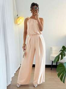 Chiquease 女士纯色休闲露肩上衣和阔腿裤两件套，夏季