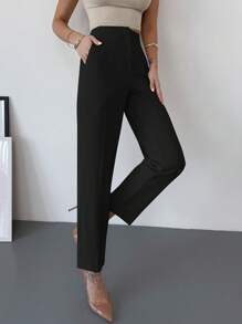 Firerie 女士优雅简约高腰口袋拉链修身九分裤，杏色，适合通勤、办公室和日常穿着 - 黑色 - 查看 4