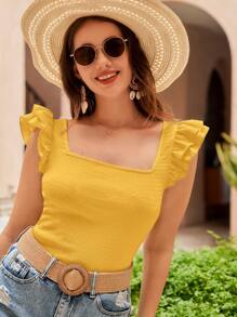 SHEIN VCAY Plus Size Women's Solid Color Cap Sleeve Square Neck Fitted T-Shirt Yellow Crop Top Women Yellow Summer Top Cute Yellow Top Mustard Yellow Top Yellow Babydoll Top - Yellow - View 5