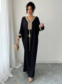 Elenzga 大码女式中东金色锦缎流苏长袍