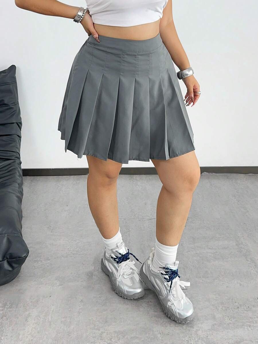 Vibekara Plus Size Women's Solid Color Simple Everyday Pleated Skirt - Dark Grey - View 1