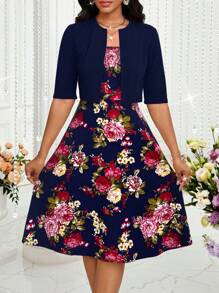 SHEIN Lady Spring And Summer Romantic Bright Colors Light Mature Temperament Elegant Long Skirt And Short Jacket Two Pieces Set - Navy Blue - View 3