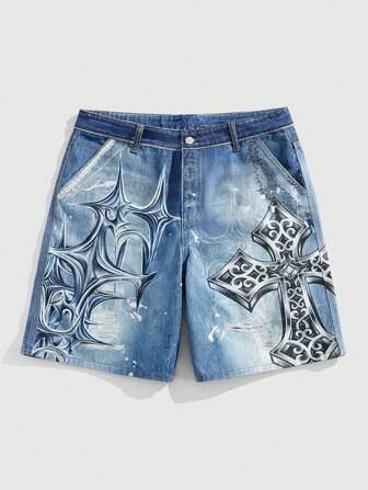 Street Life Men's Gothic Cross Street Graphic Denim Shorts