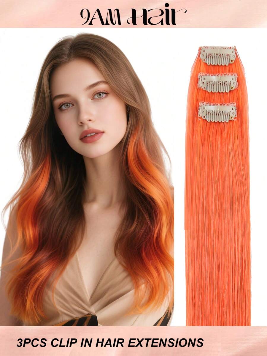 Colored Clip In Hair Extensions, Real Human Hair 3 Pcs 18 Inch, Orange Straight Highlight Hairpieces, Invisible Design, Colorful Rainbow Style, Soft Natural Texture, Ideal For Women & Girls Daily Styling, Party And Cosplay Occasions - SORANGE - View 1