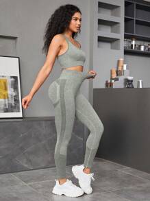 SHEIN Sports Seamless High Stretch Sports Bra With Leggings Workout Women Set Women Leggings Set - Mist Green - View 2