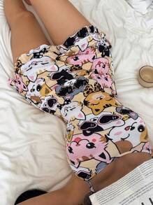 Set de 2 piezas de pijama con diseño lindo de gato de dibujos animados para mujeres