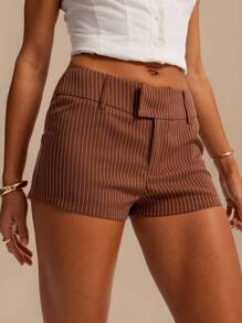 SHEIN BAE Women's Brown Striped Casual Long Pants, Simple & Stylish Low Rise Shorts For Daily, Holiday, Vacation, Office Wear, Spring/Summer,Micro Shorts - Multicolor - View 7